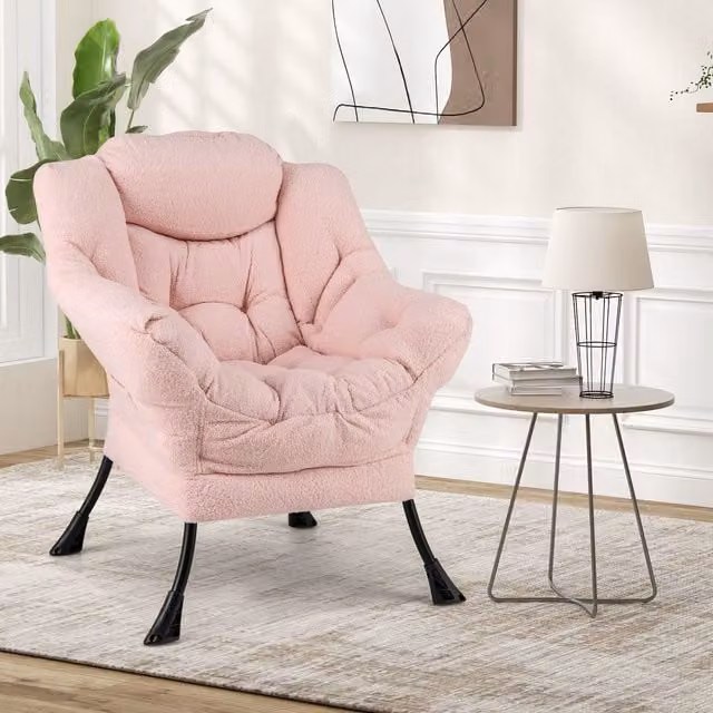 Costway Pink Bouclé Fabric Accent Chair with Armrests and Metal Frame