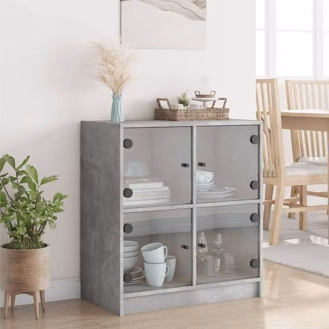 Berkfield Home Side Cabinet with Glass Doors in Concrete Grey, W: 68 cm, D: 37 cm, H: 75.5 cm – 1