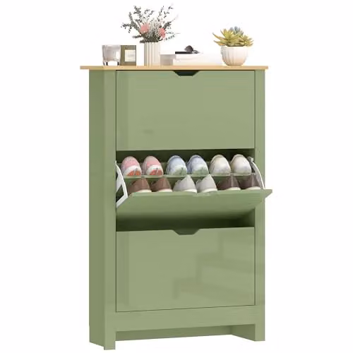 HOMCOM Green Slim Shoe Storage Cabinet with Tilting Compartments and Internal Shelves, W/D/H: 72 x 26 x 112 cm