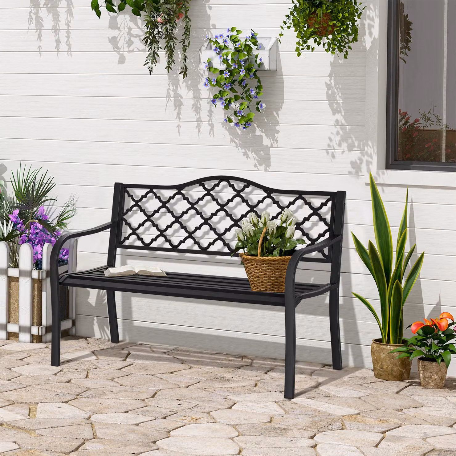 Outsunny 2-Seater Antique Cast Iron Outdoor Garden Bench in Black – 2