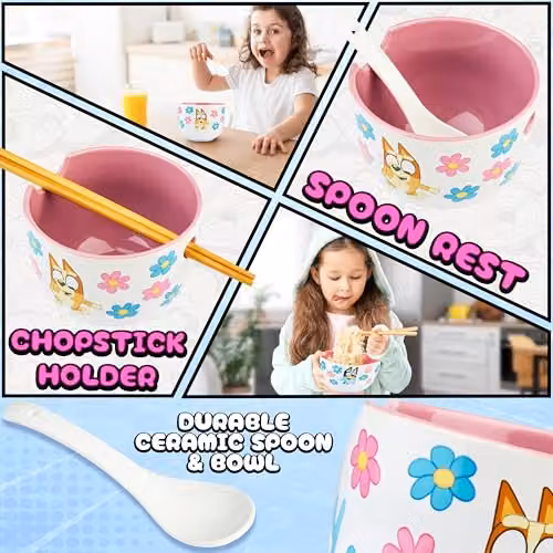 Get Trend Bluey Ramen Bowl Set, Multicolour Ceramic Japanese Rice Noodle Bowls with Ceramic Spoon and Bamboo Chopsticks, 600ml – 3