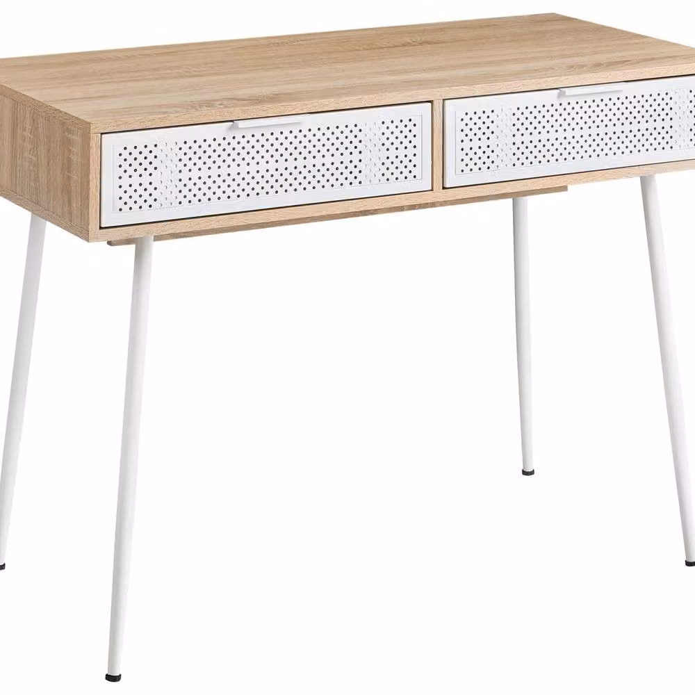 Wyld and Coco Scandinavian Writing Desk with Two White Drawers and Light Brown Wood-Effect Top – 2