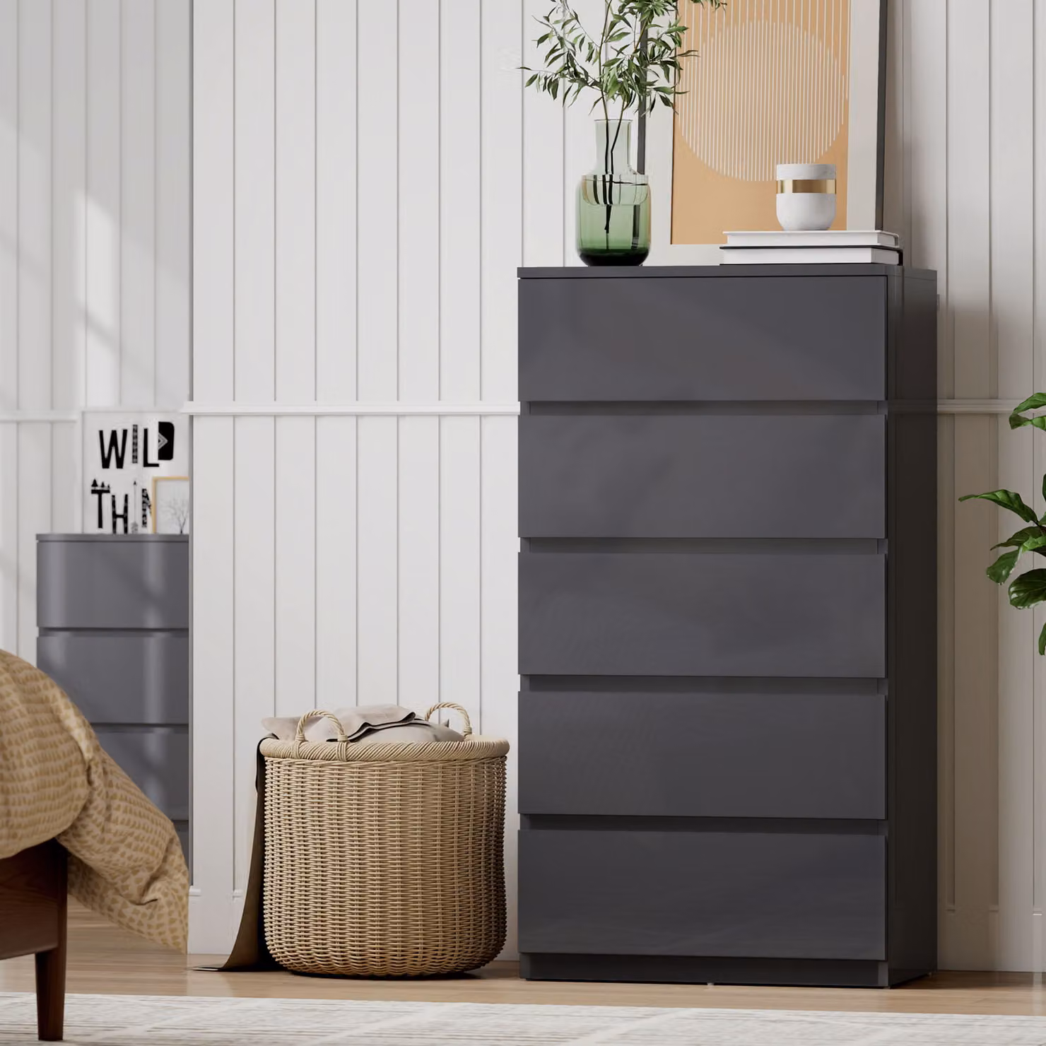 HOMCOM Modern Grey Glossy 5-Drawer Chest of Drawers with Soft-Close Drawers – 2
