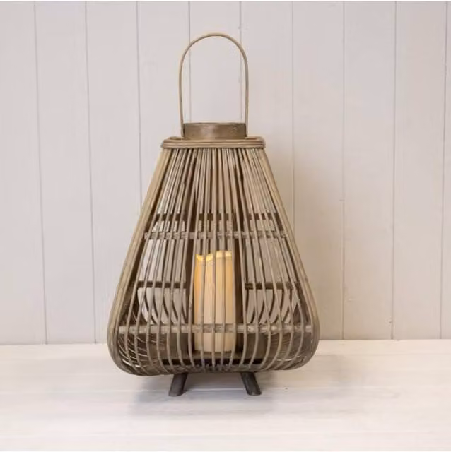 KDMD Medium Bamboo Tabletop Lantern with LED Pillar Candle in Light Brown