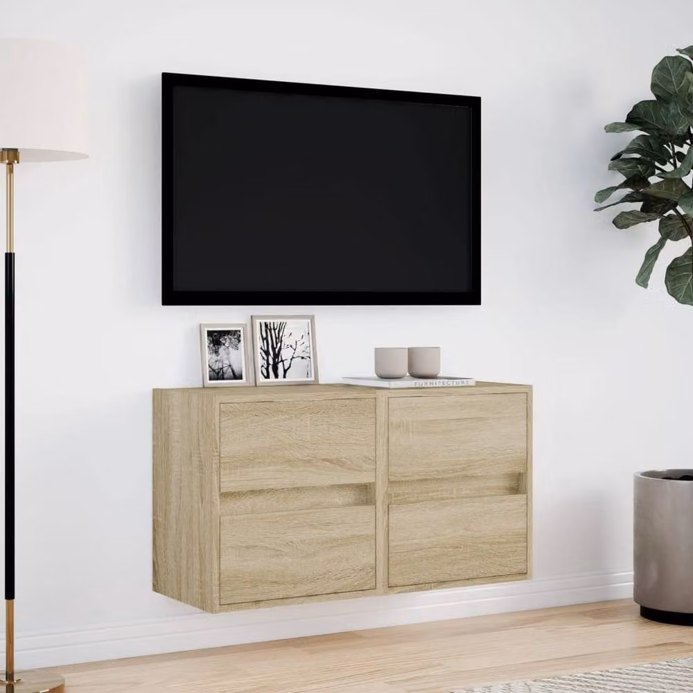 Berkfield Home Set of 2 TV Wall Cabinets with LED Lights in Sonoma Oak and Light Tan, W/D/H: 41 x 31 x 45 cm – 2