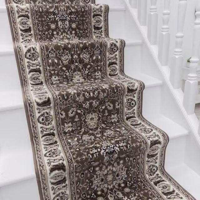 runrug Kashan Stair Runner Carpet in Brown, W: 60 cm, L: 480 cm – 1