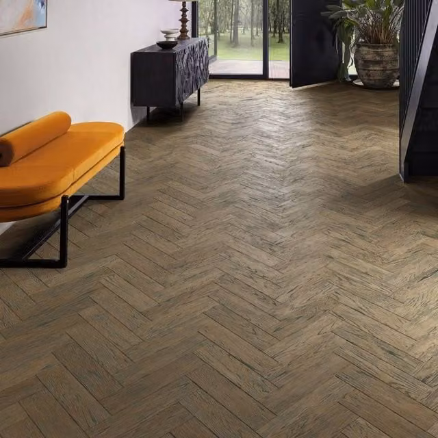 Vinyl Flooring UK Herringbone Engineered Flooring Chene13 in Brown with Handscraped Brushed Distressed Rustic Finish