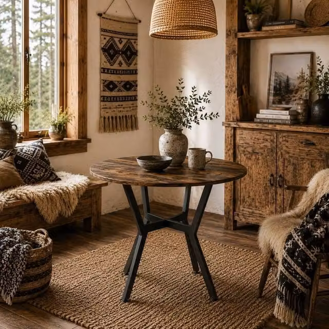 Wyld Haus Molu Round Dining Table in Rustic Brown with Black Metal Legs, Diameter: 90 cm – 1