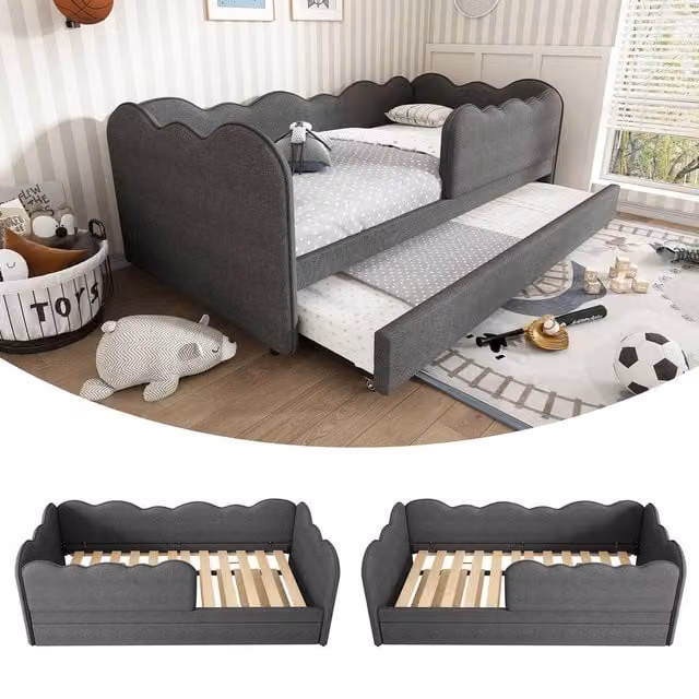 Rolipo Grey Linen Upholstered 3FT Single Daybed with Pull Out Trundle, W/D/H: 90 x 190 cm, Dark Grey – 1