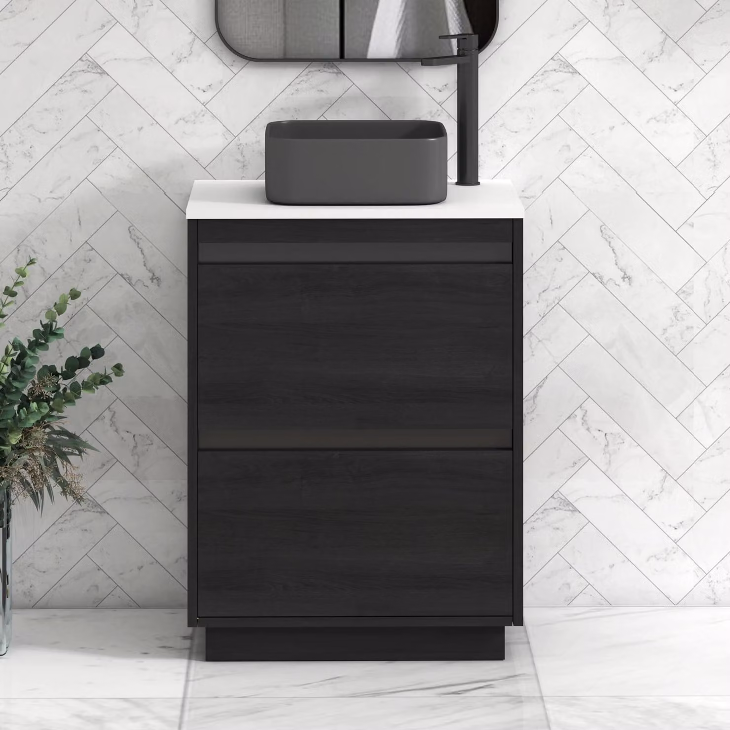 Royal Bathrooms Orion 600mm Hale White Floor Standing Vanity Unit with 2 Drawers and Art Square Basin in Black