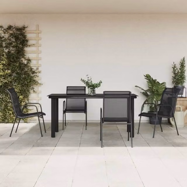 Berkfield Home 5 Piece Garden Dining Set in Black Matt Powder Coated Steel and Textilene with Glass Tabletop