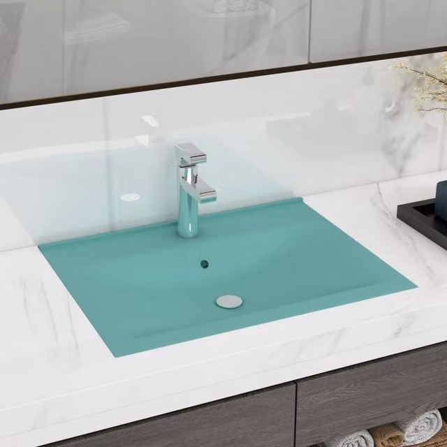 Berkfield Home Luxury Rectangular Ceramic Wall Hung Basin with Faucet Hole in Matt Light Green, W: 60 cm, D: 46 cm, H: 16 cm