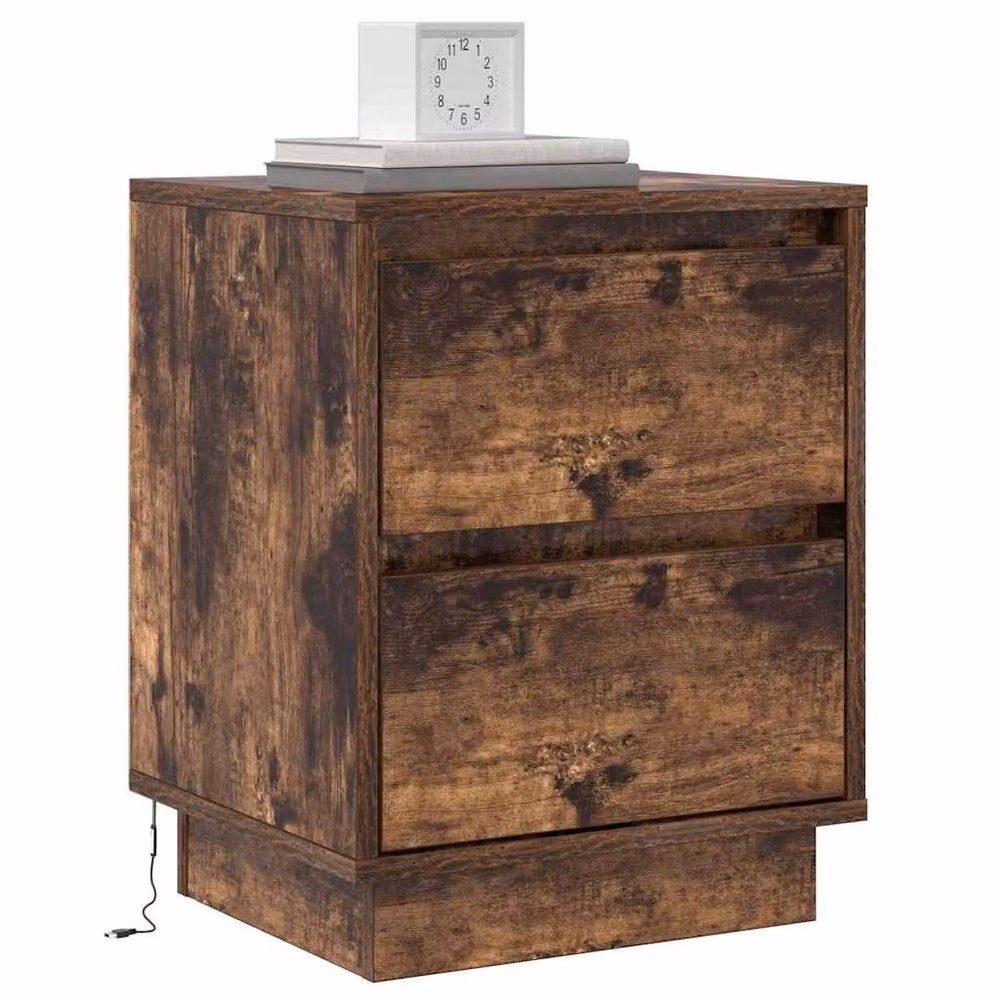 Berkfield Home Modern Bedside Cabinet with Integrated LED Lights and Soft Close Drawers in Smoked Oak, W/D/H: 39 x 34.5 x 50 cm – 3