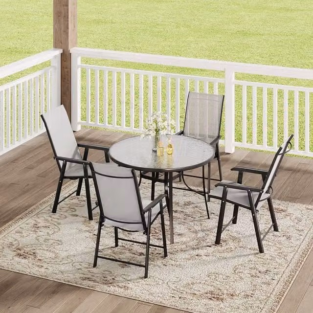 Komore Modern Garden Bistro Set with Round Glass Table and 4 Folding Chairs in Black