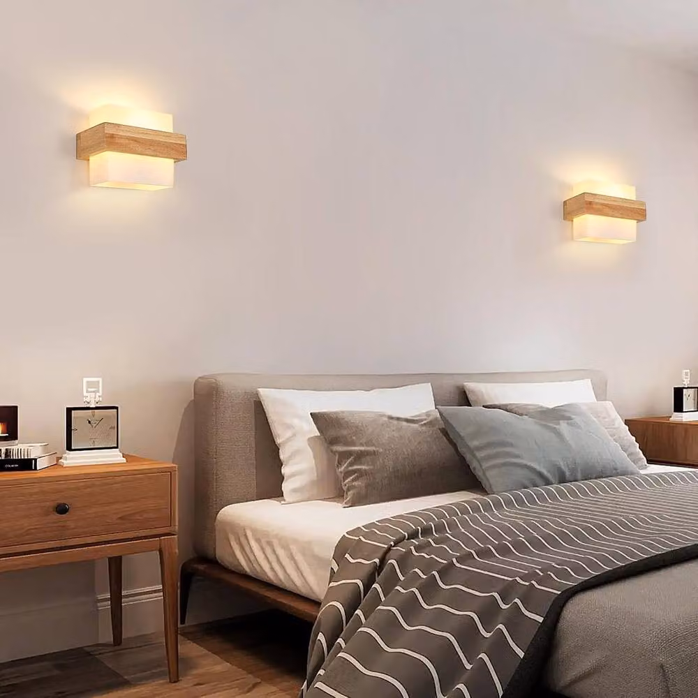Goeco Brown Wood and Glass Square Indoor Wall Light with E27 Lampshade – 3