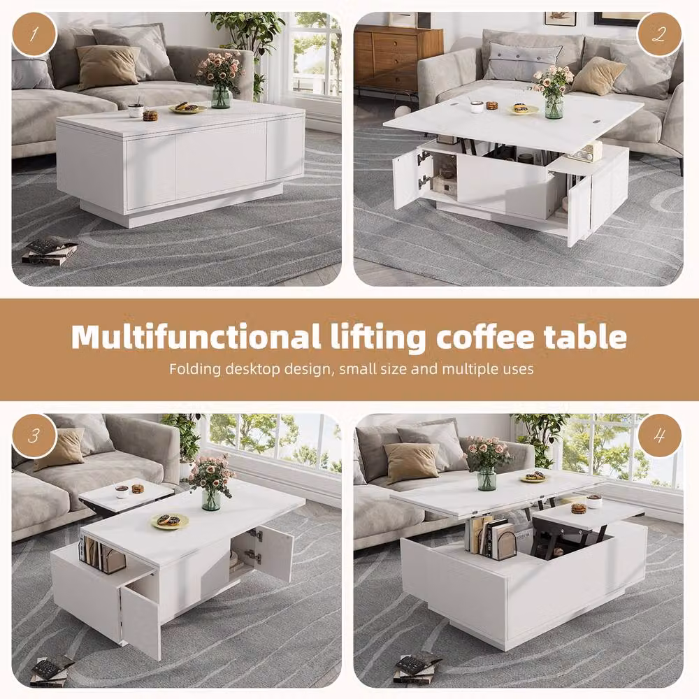 Merax Extendable Lift Top Coffee Table with 2 Cabinets and Hidden Storage in White – 3