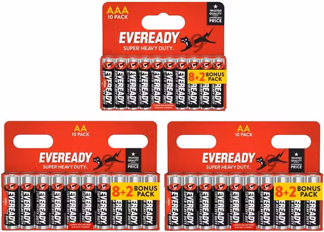 Eveready Super Heavy Duty Zinc Batteries, 30 Pack (20x AA and 10x AAA), Black