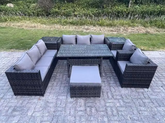 Fimous 9 Seater Outdoor Rattan Garden Furniture Set with Dining Table, 2 Armchairs, 2 Side Tables and Stool in Dark Grey