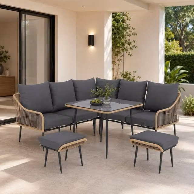 STILVORA 6-Seater Modern Sofa Set with Glass Top Table in Grey and Light Brown