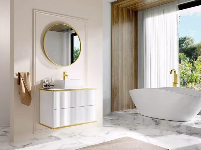 Vente-unique Wall-Mounted Ribbed Vanity Unit with Gold Edging, White – 1