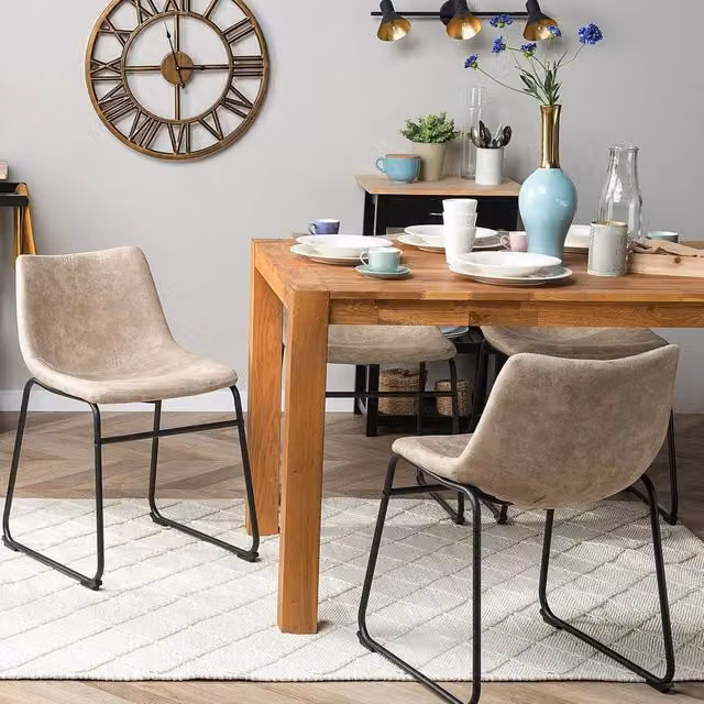 Wyld and Coco Riverside Beige Microfibre Fabric Dining Chairs Set of 2 with Black Metal Cantilever Legs – 1