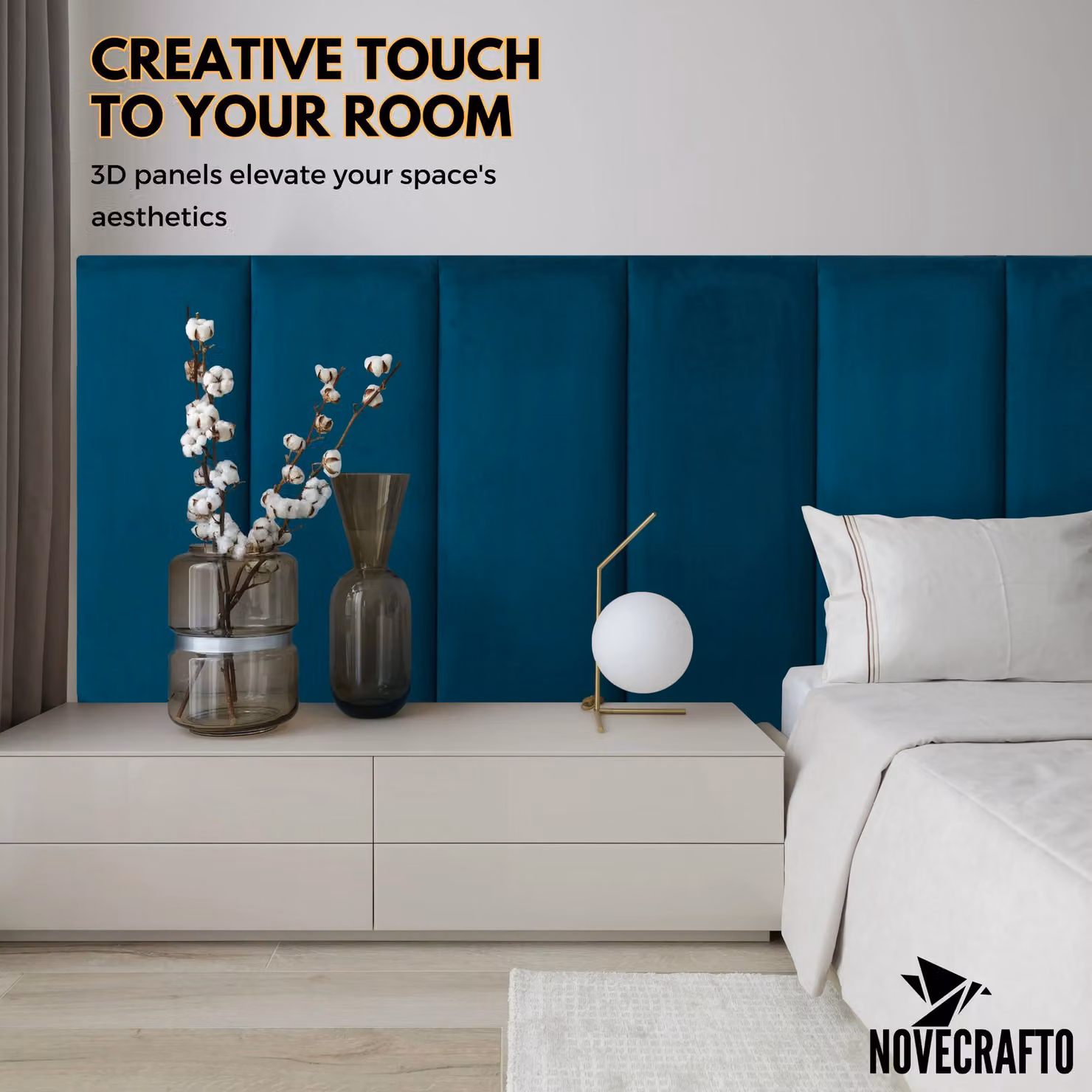 Novecrafto Set of 4 Blue Velvet Upholstered Wall Panels with Adhesive, W: 80 cm, H: 30 cm – 7