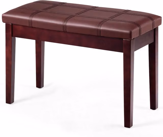 COSTWAY Brown Wooden Duet Piano Bench with Padded Synthetic Leather Cushion and Music Storage
