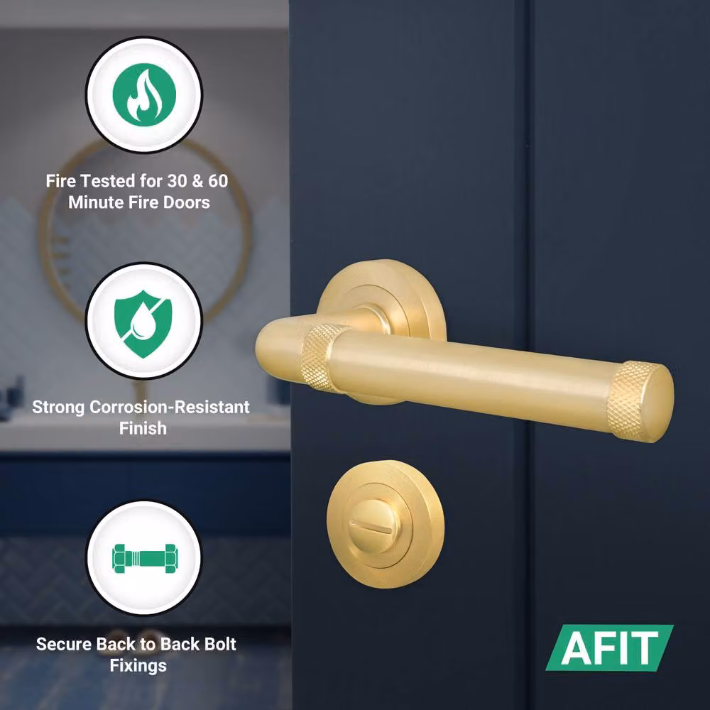 AFIT Satin Brass Fire Door Handle and Bathroom Lock Set with Hinges in Gold, 150 x 150 mm – 2