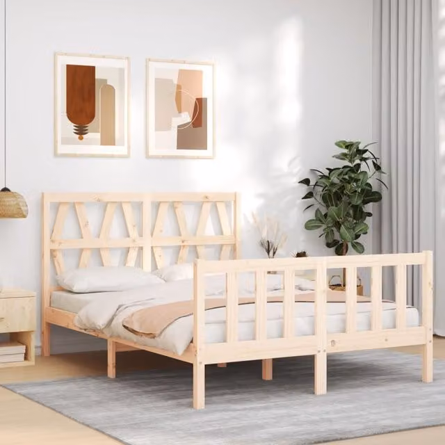 Berkfield Home Solid Wood Bed Frame with Headboard in Brown, W: 140 cm, L: 200 cm