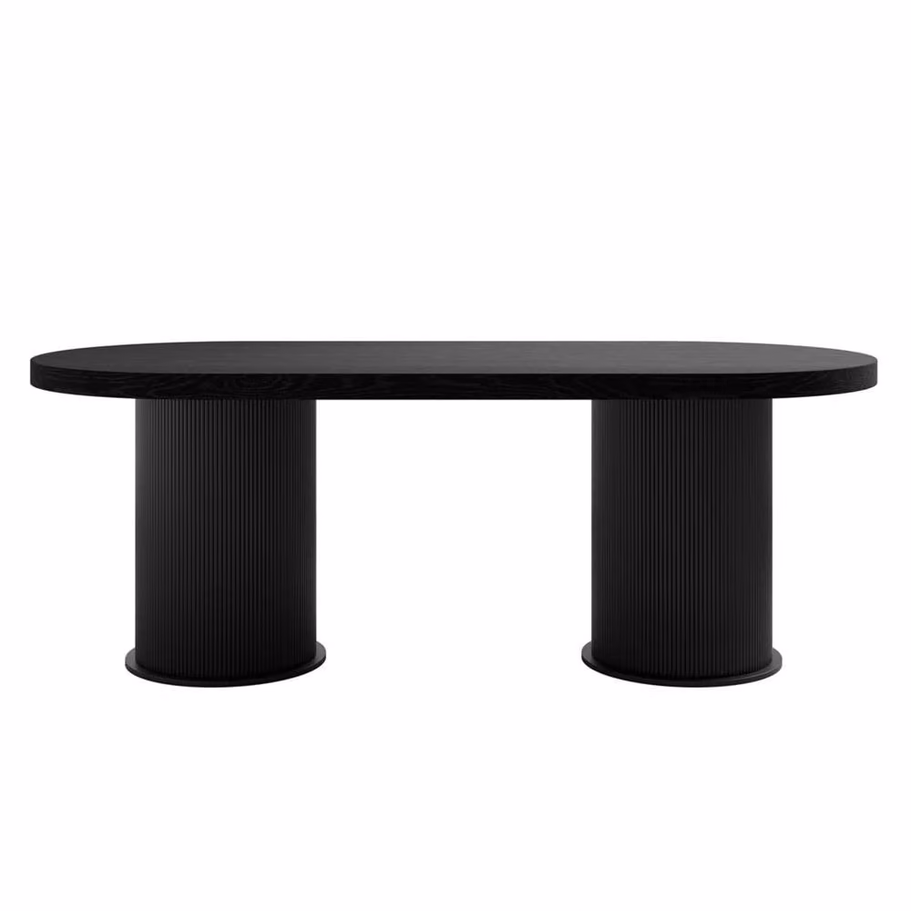 Wyld Haus Kanturk Black Dining Table with Ribbed Wood Veneer Pedestal, W: 220 cm, D: 100 cm, H: 76 cm – 2