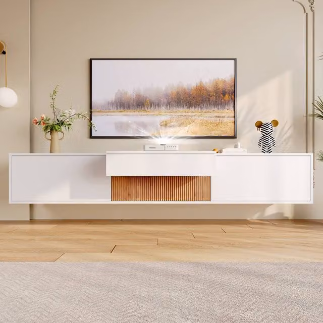 Merax White Modern Floating TV Unit with Pull Out Projector Shelf, W: 180 cm, D: 34 cm, H: 30 cm – 1