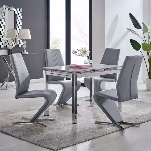 Furniturebox Enna White Glass Extending Dining Table and 4 Willow Chairs in Grey