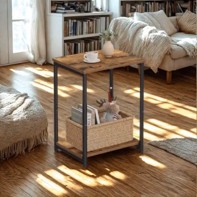 Pirlo Plush 2 Tier Side End Table with Black Steel Frame and Brown Composite Wood Tiers, W/D/H: 30 x 30 x 50 cm – 1