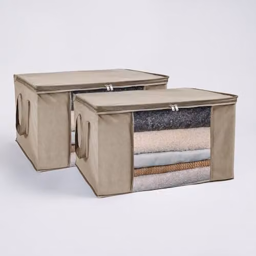 OHS 2 Pack Underbed Storage Bags with Lid and Handles, 90.3L Foldable Fabric Organisers in Beige – 1