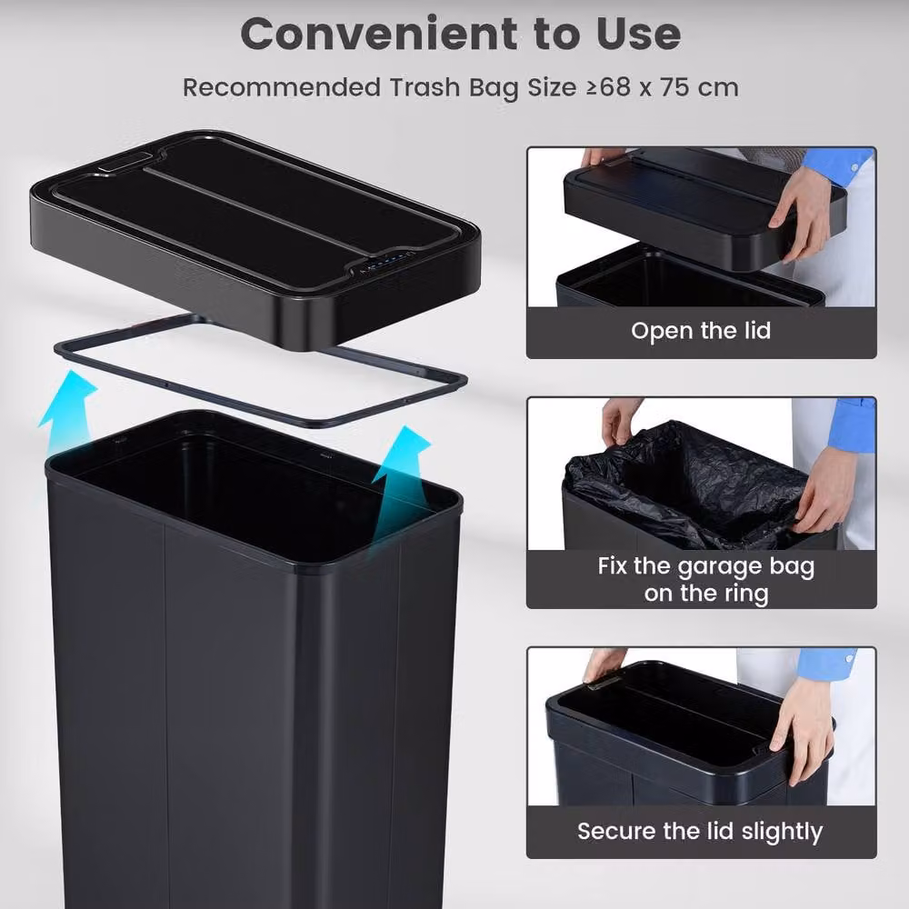 Costway 60L Infrared Motion Sensor Trash Can with Wing Lids and Soft Close, Black Stainless Steel – 8