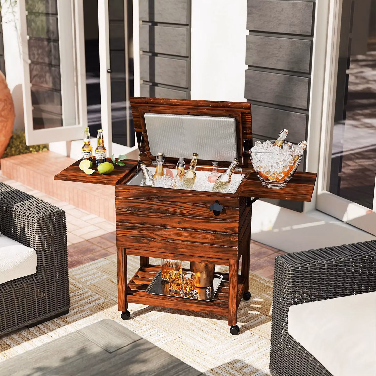 Costway Rolling Wooden Patio Cooler Cart, 51L Outdoor Ice Chest in Brown – 3