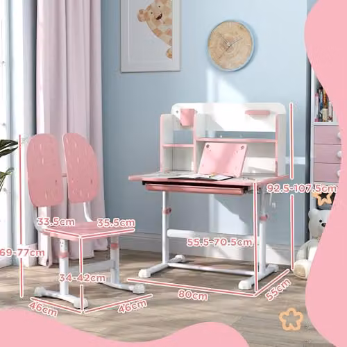 AIYAPLAY Height Adjustable Kids Desk and Chair Set with Tilting Desktop and Drawer, Pink – 2