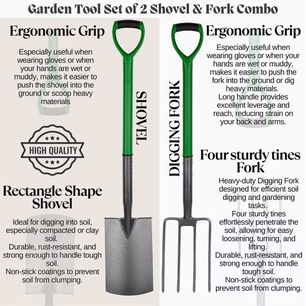 NESTLUNE Garden Fork and Spade Digging Tool Set, Green, Steel