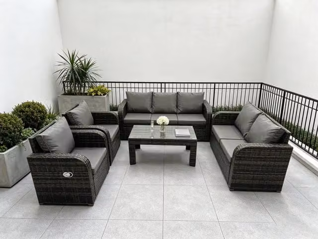 Fimous 7 Seater Grey PE Rattan U-Shape Garden Furniture Set with Reclining Sofa, Coffee Table and Lounge Armchairs