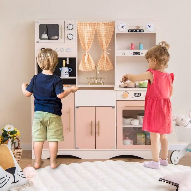 Costway Kids Wooden Kitchen Playset in Pink