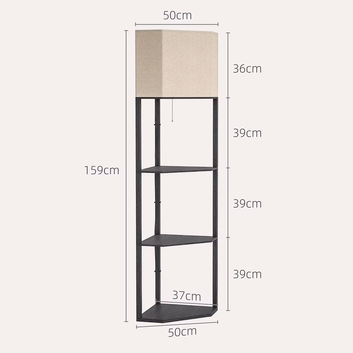HOMCOM Modern Black Triangle Floor Lamp with Shelves and Pull Chain Switch – 3