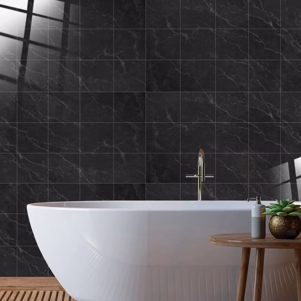 PAWNORA Dark Grey Marble Look Tile Stickers, Glossy Geometric Wall Decor, W: 15.24 cm, H: 15.24 cm – 4