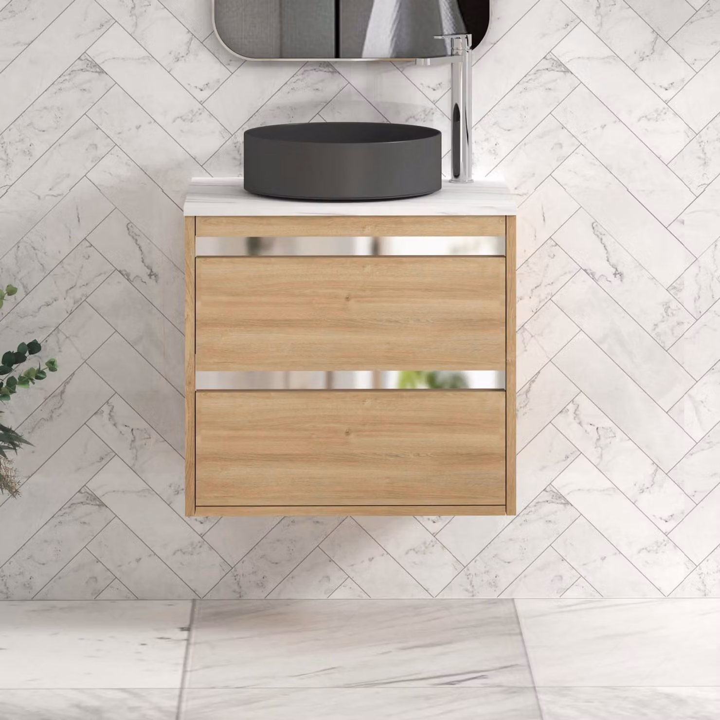 Royal Bathrooms Orion 800mm Natural Oak Wall Hung 2 Drawer Vanity Unit with Art Round Basin and Chrome Accent Trim