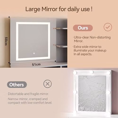 MCC Direct Truro Dressing Table with Hollywood LED Mirror and Storage in Grey, W/D/H: 140 x 40 x 80 cm – 5