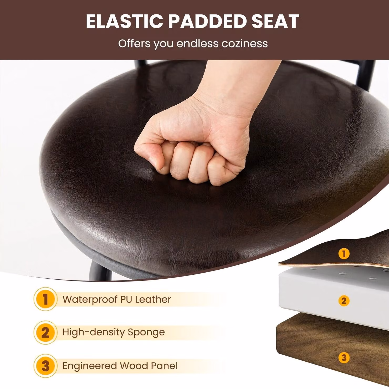 Costway Set of 2 Brown Synthetic Leather Swivel Bar Stools with Adjustable Height and Metal Base – 5