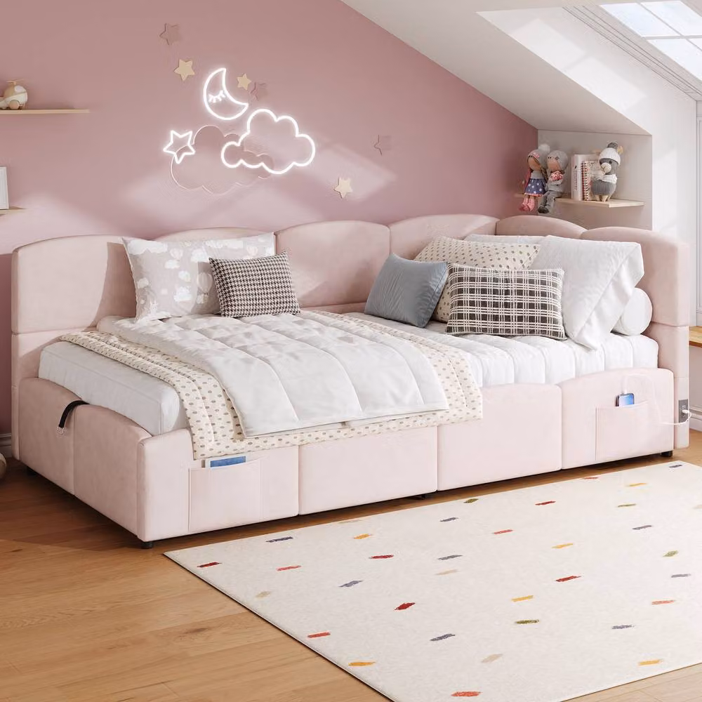 BTM Pink Velvet Single Upholstered Daybed Sofa Bed with Storage and USB Charging Port – 2