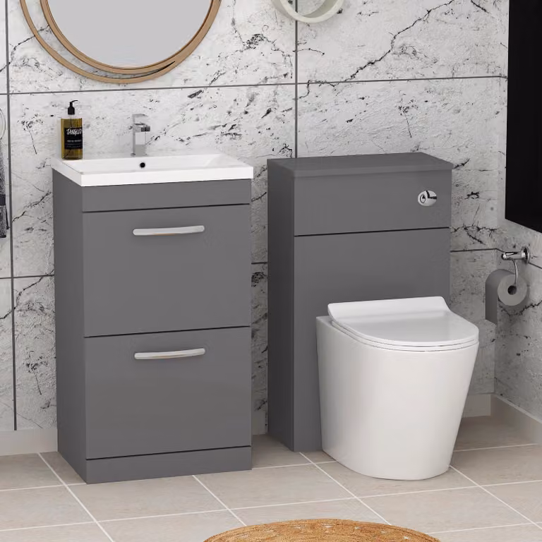 Royal Bathrooms Modern Turin Indigo Grey Gloss 2-Drawer Mid-Edge Basin and Cesar Back to Wall Toilet Pack