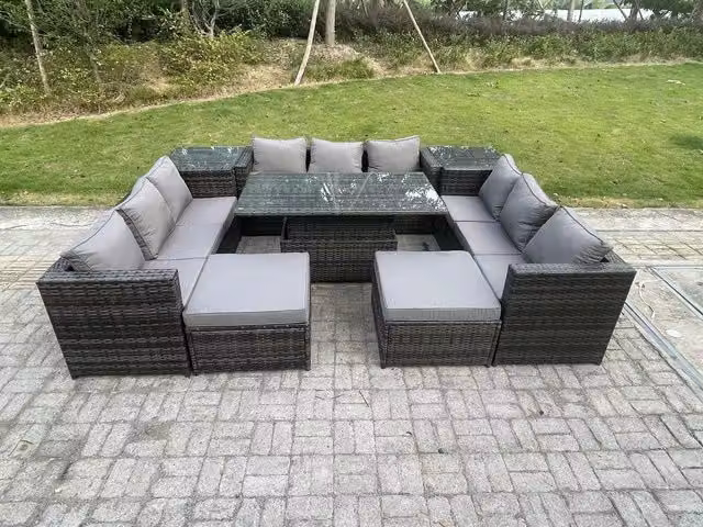 Fimous 11 Seater Dark Grey PE Rattan Garden Furniture Set with Adjustable Height Lifting Dining Table
