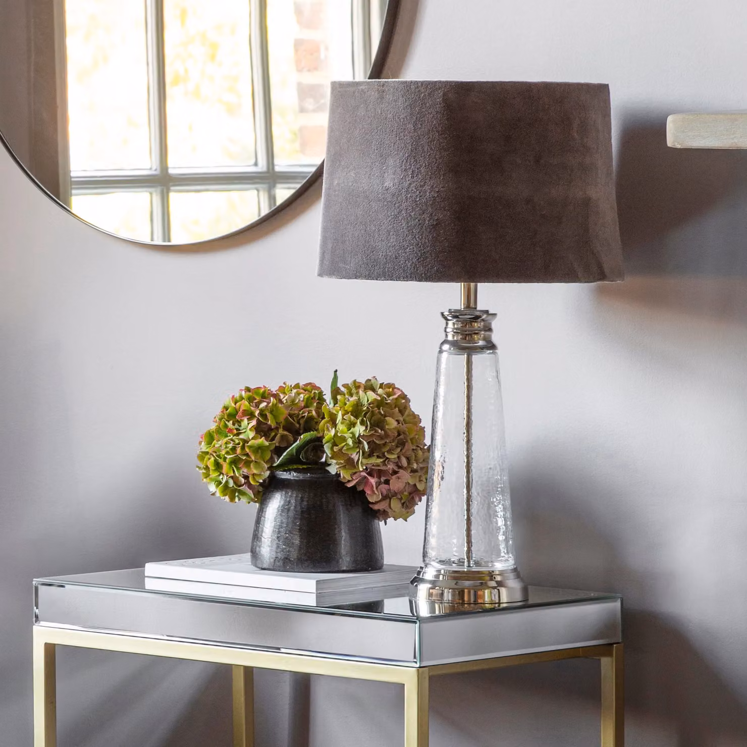 Loops Table Lamp with Clear Hammered Glass and Grey Velvet Shade, 10W LED, E27 Base – 2