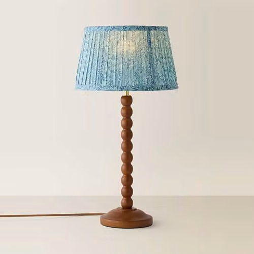 ValueLights Bobbin Leaf Printed Pleated Shade Table Lamp in Blue and Walnut – 1